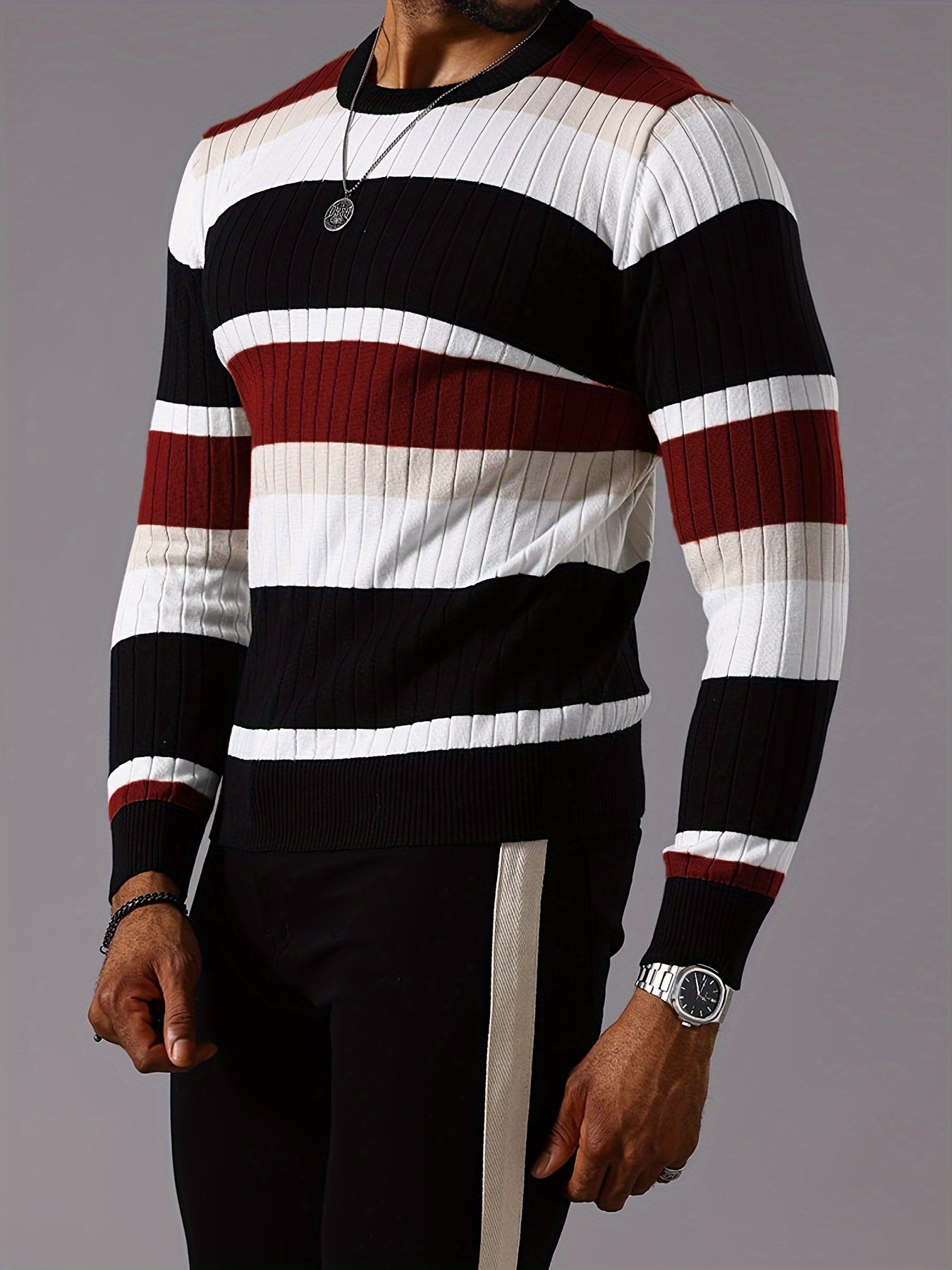 Pull rayé en tricot côtelé pour homme – Pull Color Block Automne Hiver