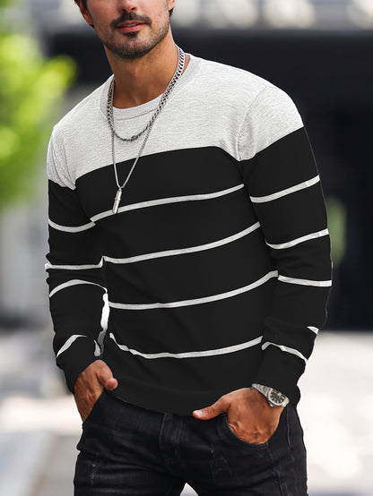 Suéter de punto a rayas azul marino para hombre – Sudadera informal de cuello redondo