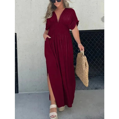 Robe longue fendue à col en V Loom & Soul™ pour femme – Robe longue d'été à manches courtes et taille élastique