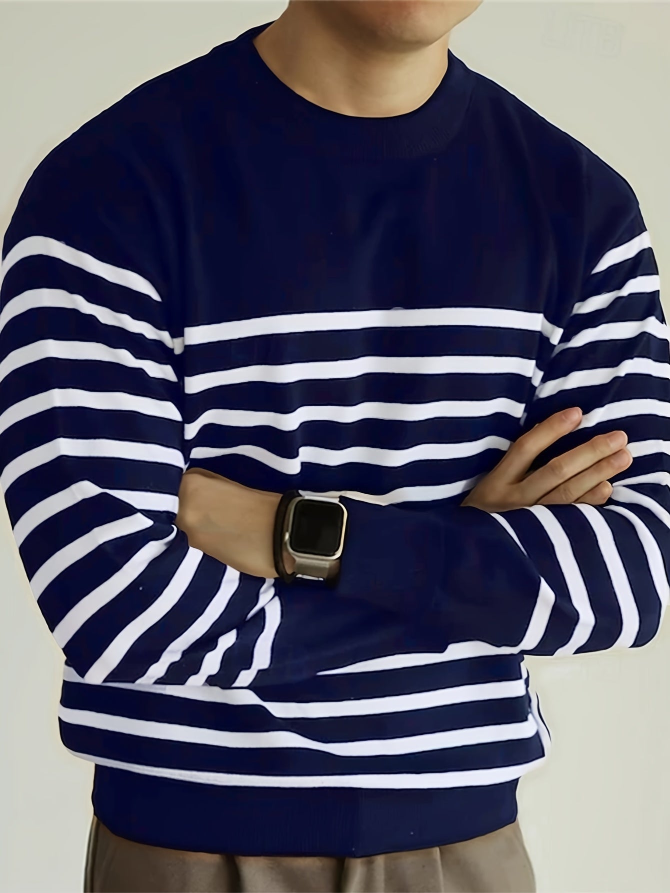 Suéter de punto a rayas para hombre – Jersey informal con cuello redondo estilo urbano