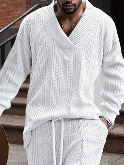 Suéter de punto con cuello en V para hombre – Jersey casual de jacquard acanalado
