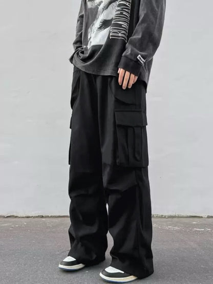 Pantalones paracaídas de pernera ancha para hombre - Pantalones de trabajo informales de tiro medio