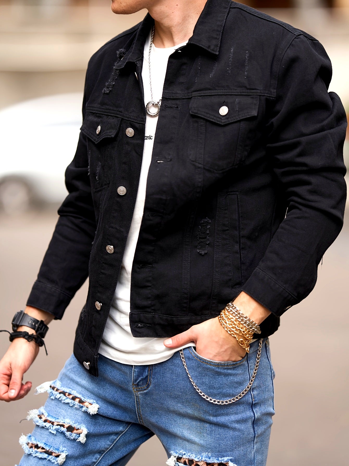Chaqueta de mezclilla negra de corte ajustado para hombre – Estilo Moto con bolsillos