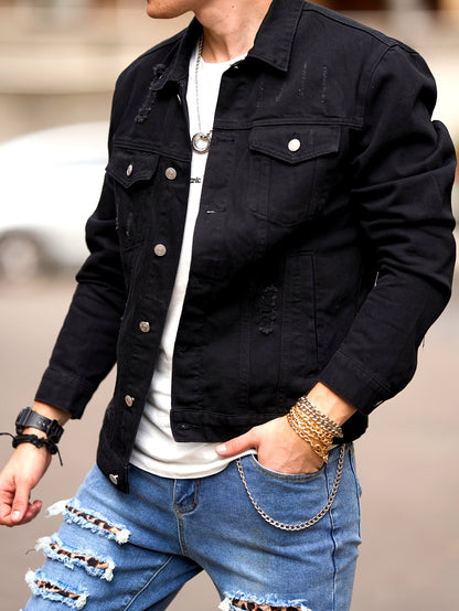 Chaqueta de mezclilla negra de corte ajustado para hombre – Estilo Moto con bolsillos