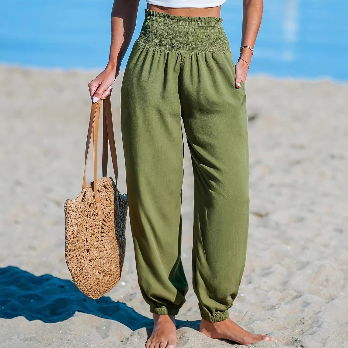 Women’s Ankle-Tie Pants – High Waist Beach Casual Fit
