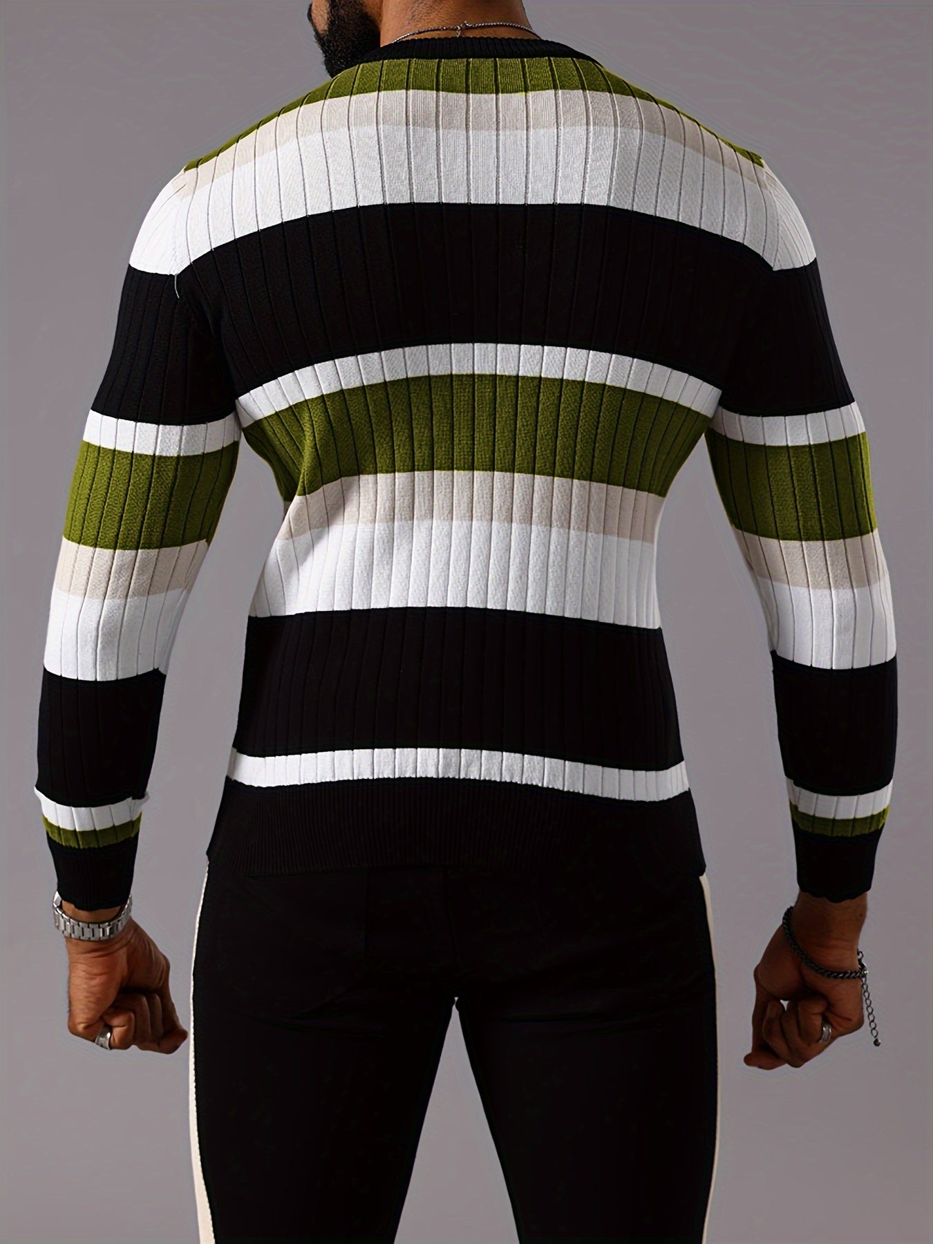 Pull rayé en tricot côtelé pour homme – Pull Color Block Automne Hiver