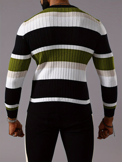Pull rayé en tricot côtelé pour homme – Pull Color Block Automne Hiver