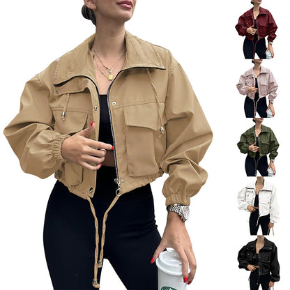 Chaqueta Trench Corta con Cremallera para Mujer – Estilo Urbano de Color Liso