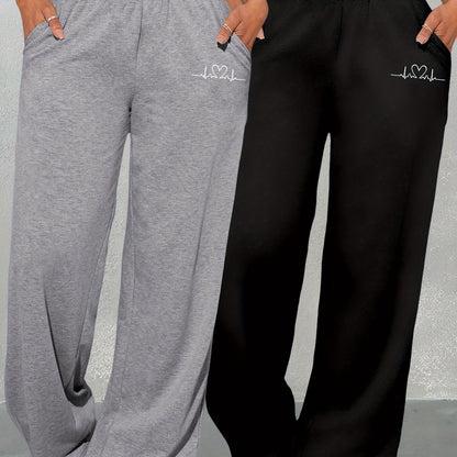 Conjunto de dos piezas con estampado geométrico de amor para mujer – Pantalones de cintura alta y pierna ancha