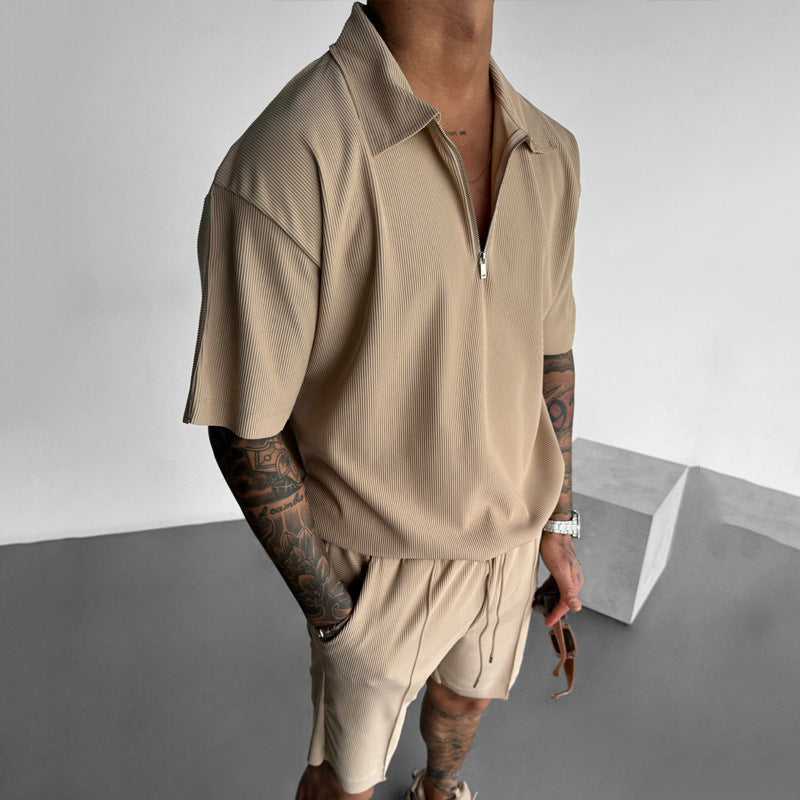 Conjunto de polo con cremallera y pantalón corto Loom & Soul™ para hombre – Conjunto informal de dos piezas para verano