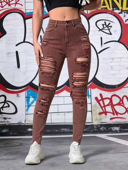 Women’s Brown Ripped Skinny Jeans – High Waist Stretch Fit