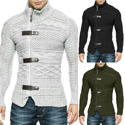 Cárdigan de cuello alto para hombre – Abrigo de punto ajustado para otoño e invierno