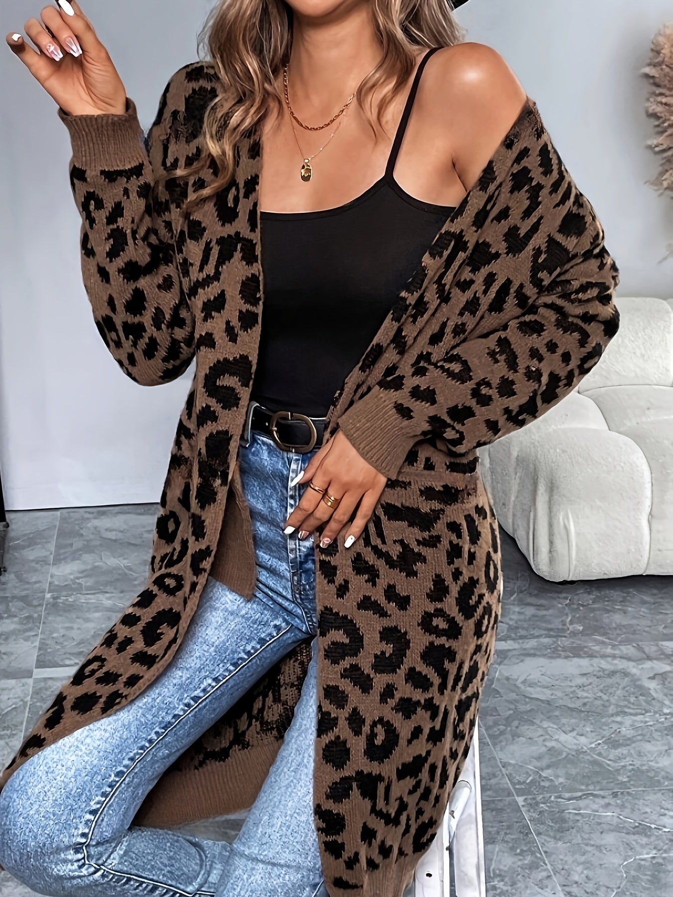 Leopard Print Cardigan – Collarless Cozy Knit Sweater