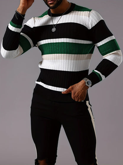 Pull rayé en tricot côtelé pour homme – Pull Color Block Automne Hiver