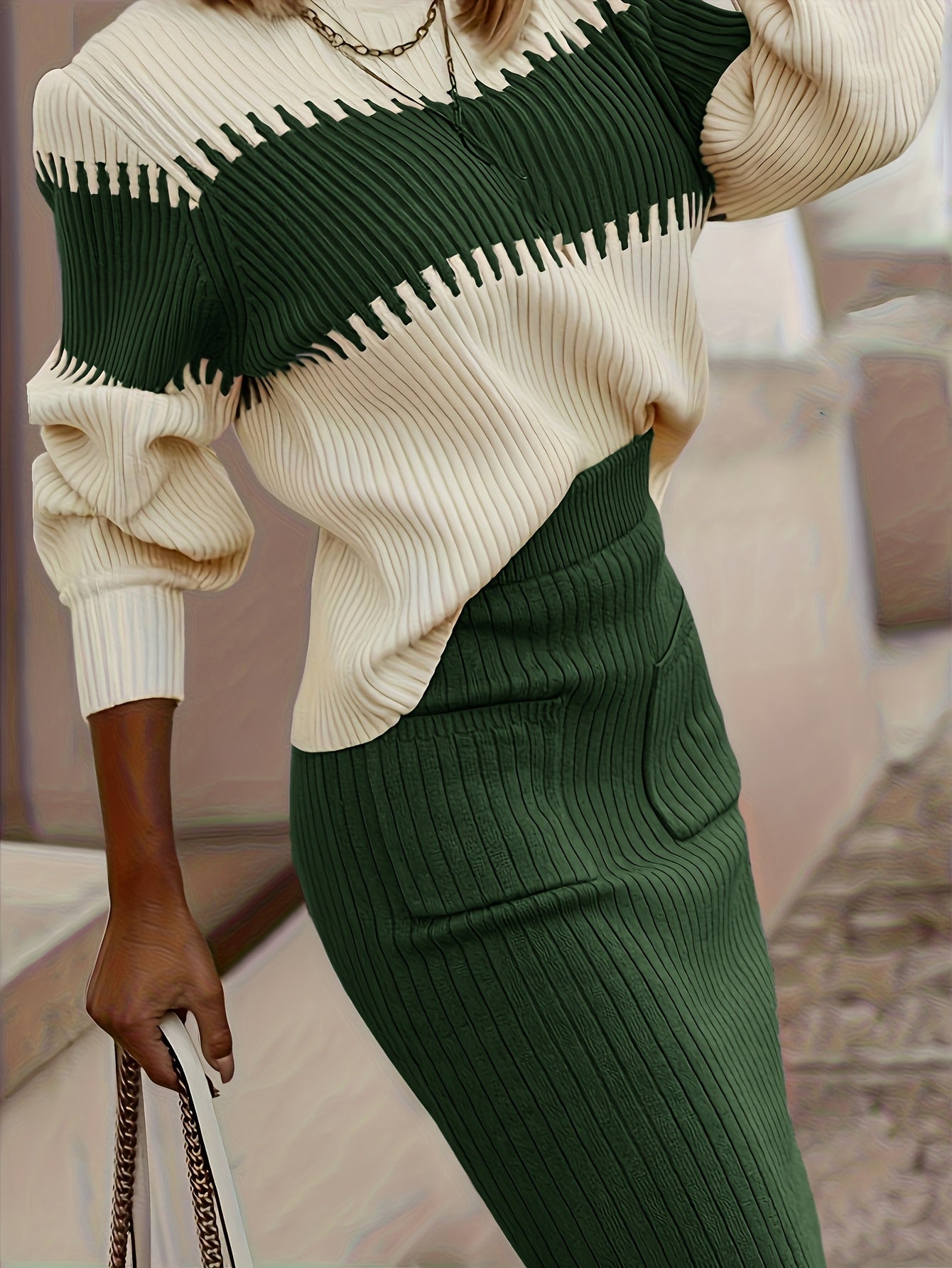 Conjunto de suéter y falda de cuello alto con bloques de color – Dos piezas elegantes de invierno