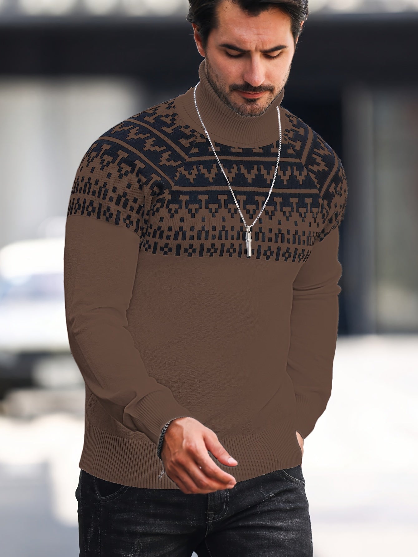 Men’s Geometric Turtleneck Sweater – Casual Knit Pullover for Fall & Winter