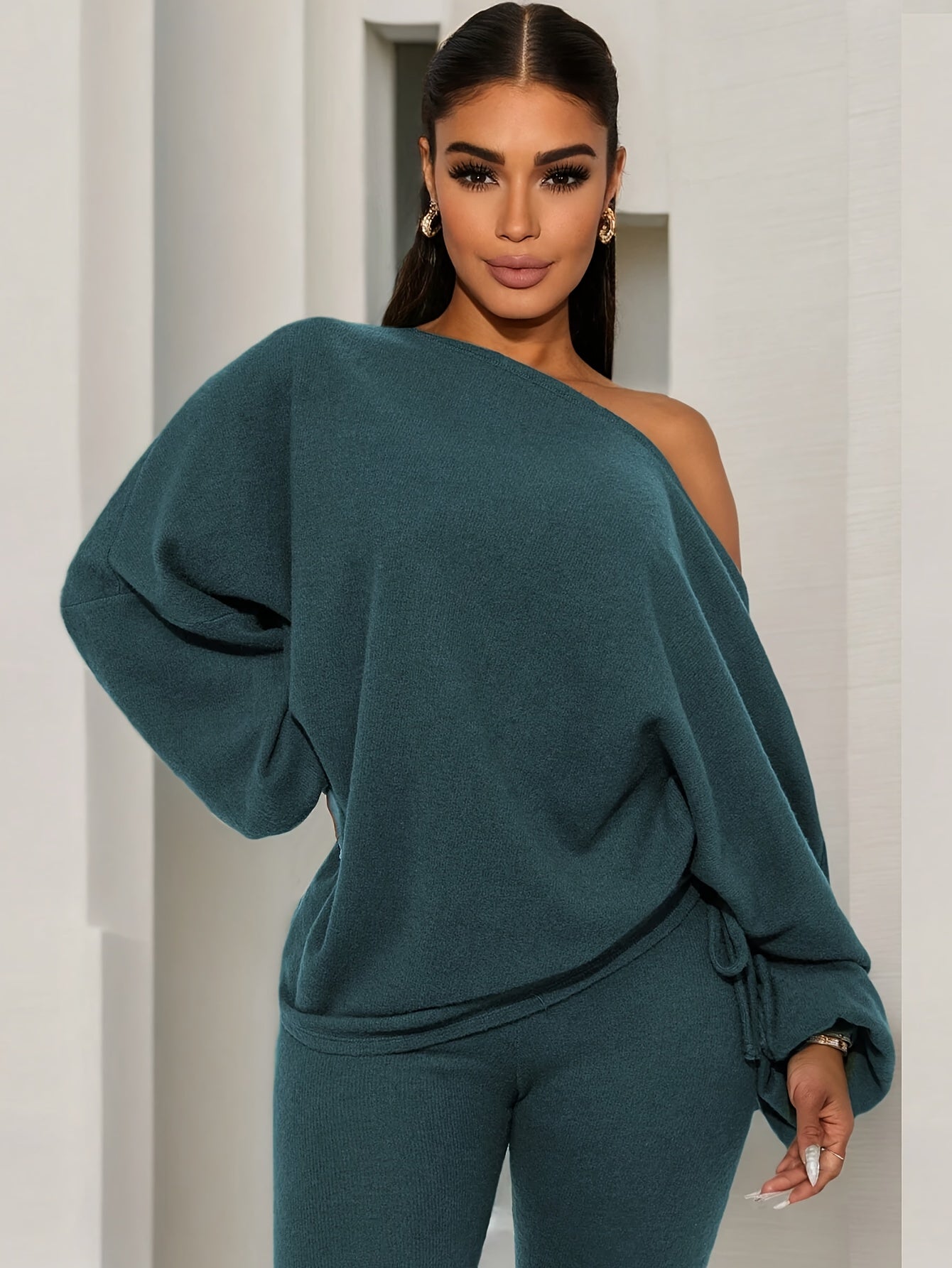 Conjunto de 2 piezas para mujer de un solo hombro – Top de manga farol y leggings ajustados