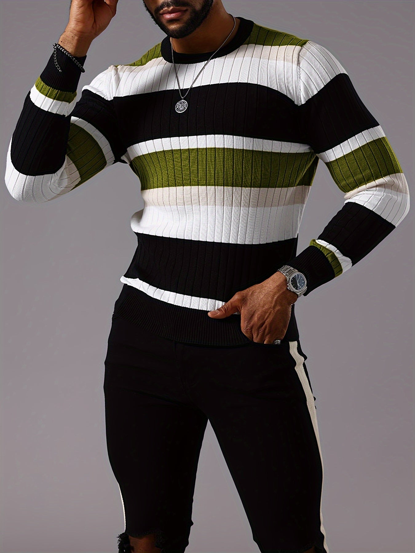 Pull rayé en tricot côtelé pour homme – Pull Color Block Automne Hiver