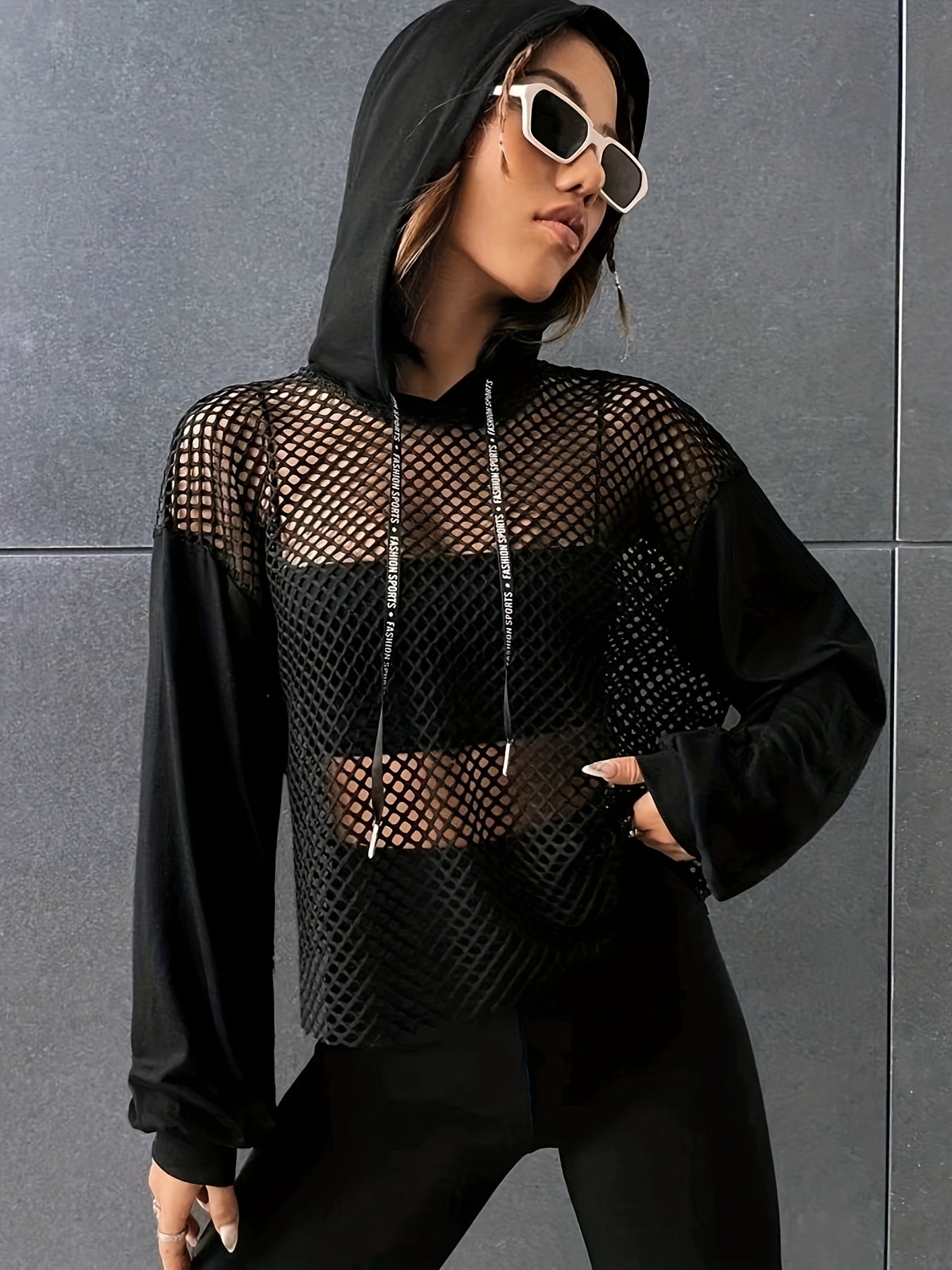 Camiseta de manga larga con capucha de malla Y2K – Top de calle transparente con contraste para mujer
