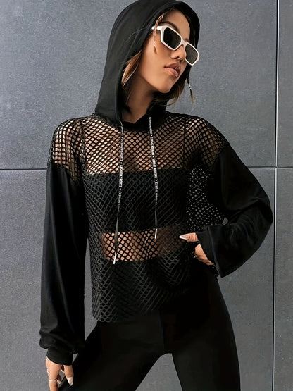 Camiseta de manga larga con capucha de malla Y2K – Top de calle transparente con contraste para mujer