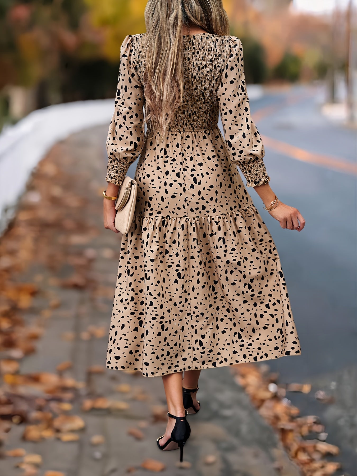 Leopard Print Long Sleeve Maxi Dress – Elegant A-Line Flowing Dress