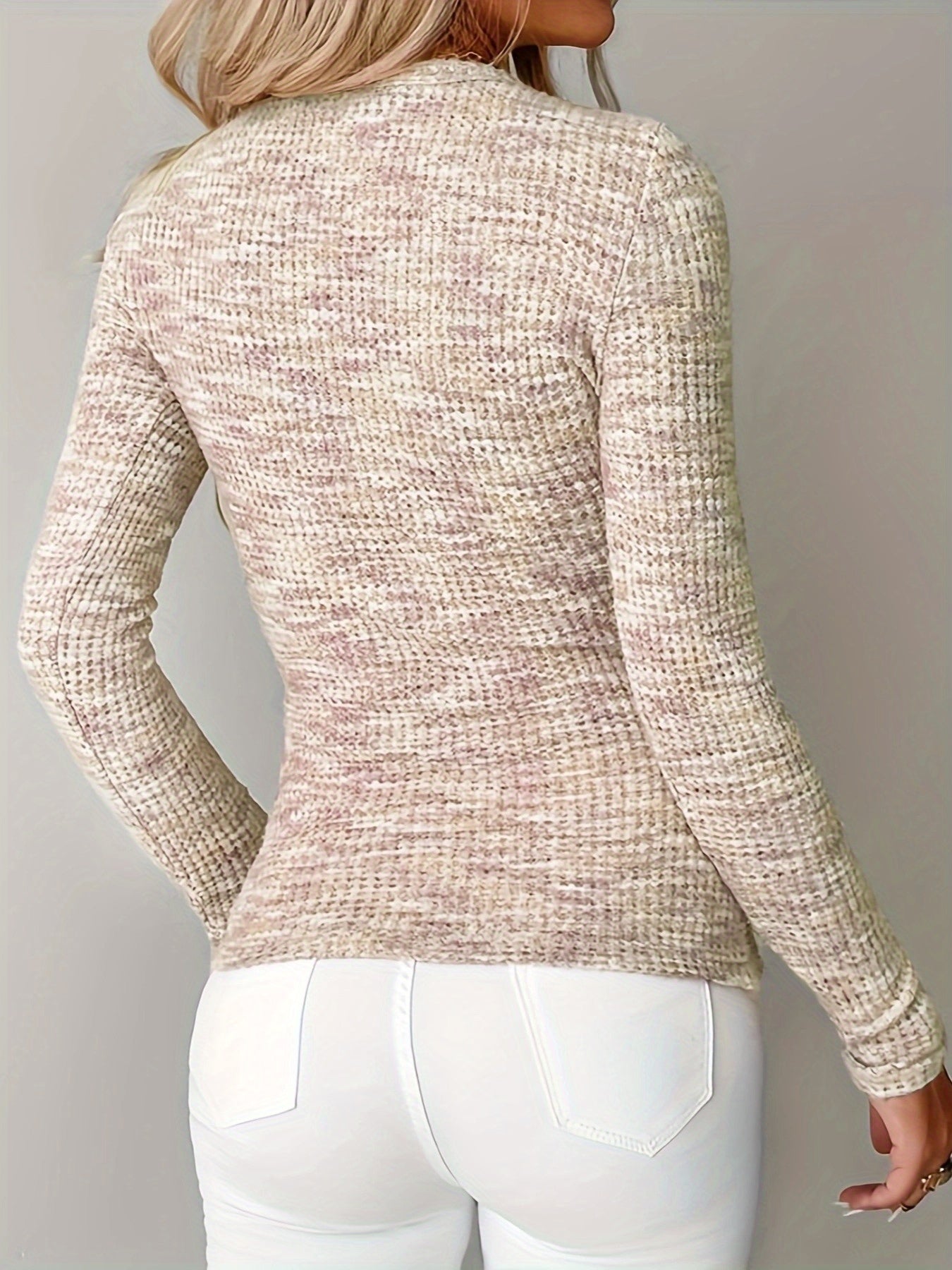 T-shirt doux à manches longues beige pour femme – Haut décontracté à col rond avec poche