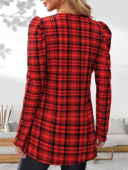 Cárdigan de pata de gallo para mujer – Chaqueta de punto elegante con mangas abullonadas