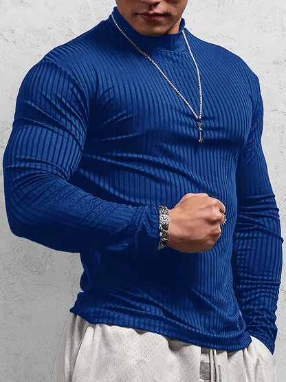 Camiseta de manga larga ajustada acanalada para hombre – Camiseta deportiva con cuello alto