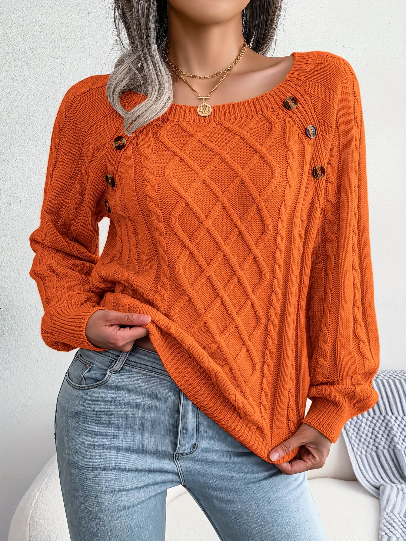 Jersey texturizado de mujer con manga farol – Top de punto con detalles de botones