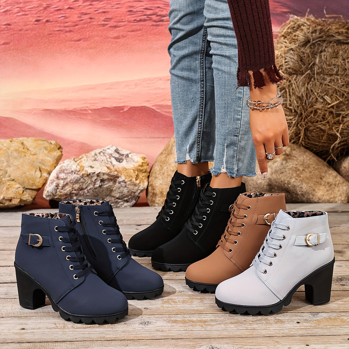 Women’s High Heel Ankle Boots – Block Heel Elegant Slip-On