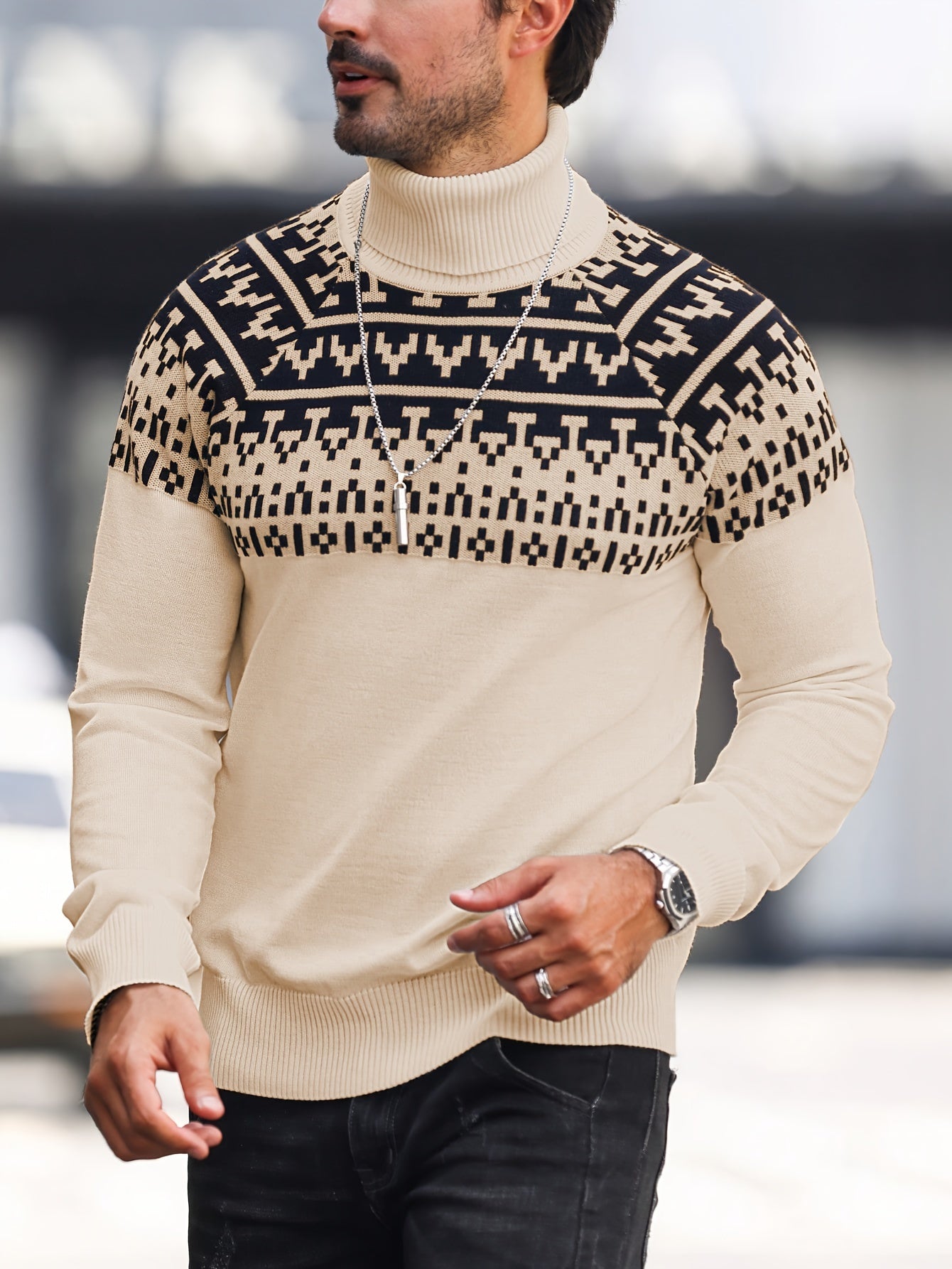 Men’s Geometric Turtleneck Sweater – Casual Knit Pullover for Fall & Winter