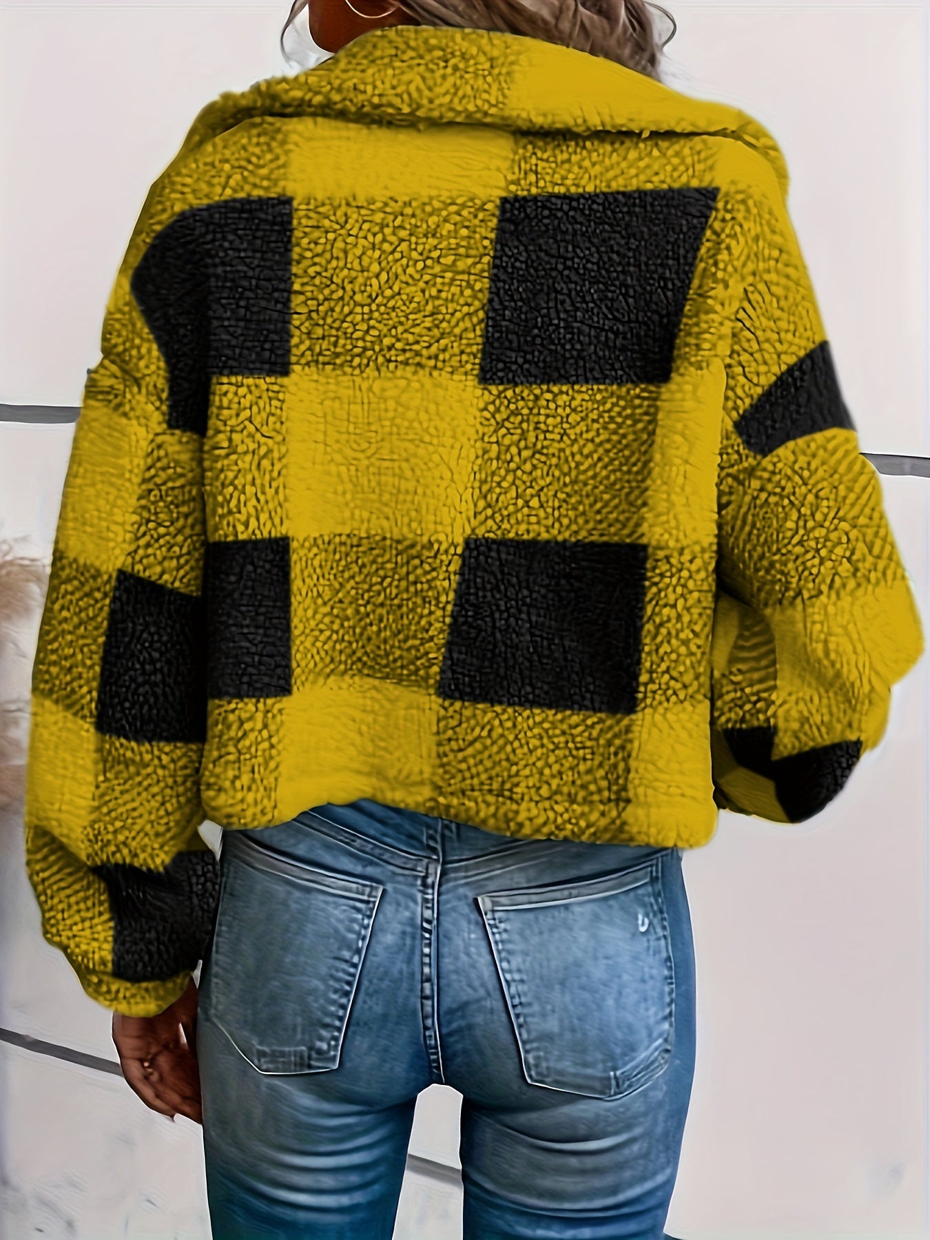 Abrigo de cuadros de borreguito para mujer – Abrigo de invierno cálido de manga larga con botones