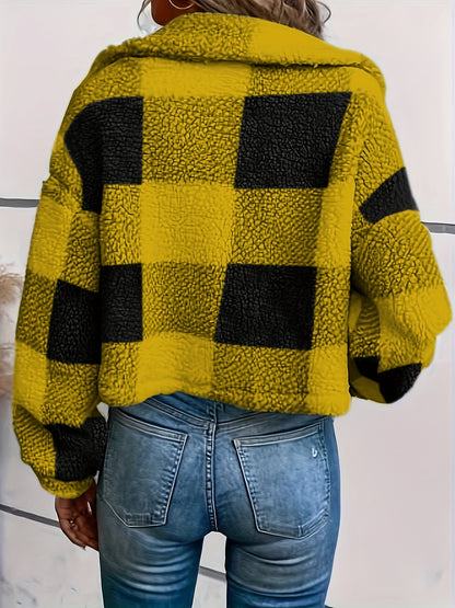 Abrigo de cuadros de borreguito para mujer – Abrigo de invierno cálido de manga larga con botones