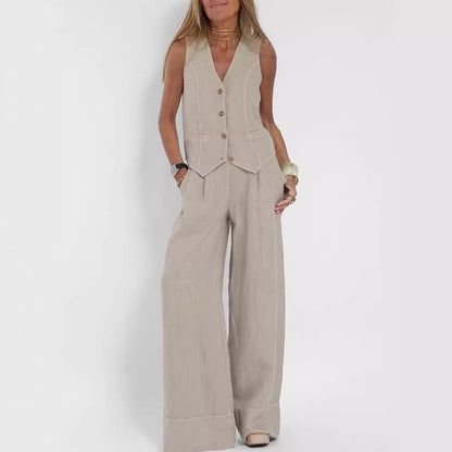 Conjunto de Chaleco y Pantalón de Lino y Algodón Loom & Soul™ para Mujer – Top sin Mangas con Cuello en V y Pantalones Rectos Sueltos