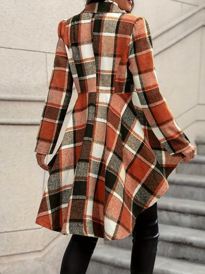 Women’s Plaid Flare Jacket – Button-Up High-Low Lapel Fall/Winter Coat