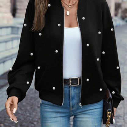 Pearl Embellished Baseball Jacket – Elegant Women’s Button-Up Outerwear