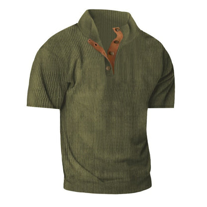 Men’s Corduroy Stand Collar Tee – Textured Casual Short Sleeve