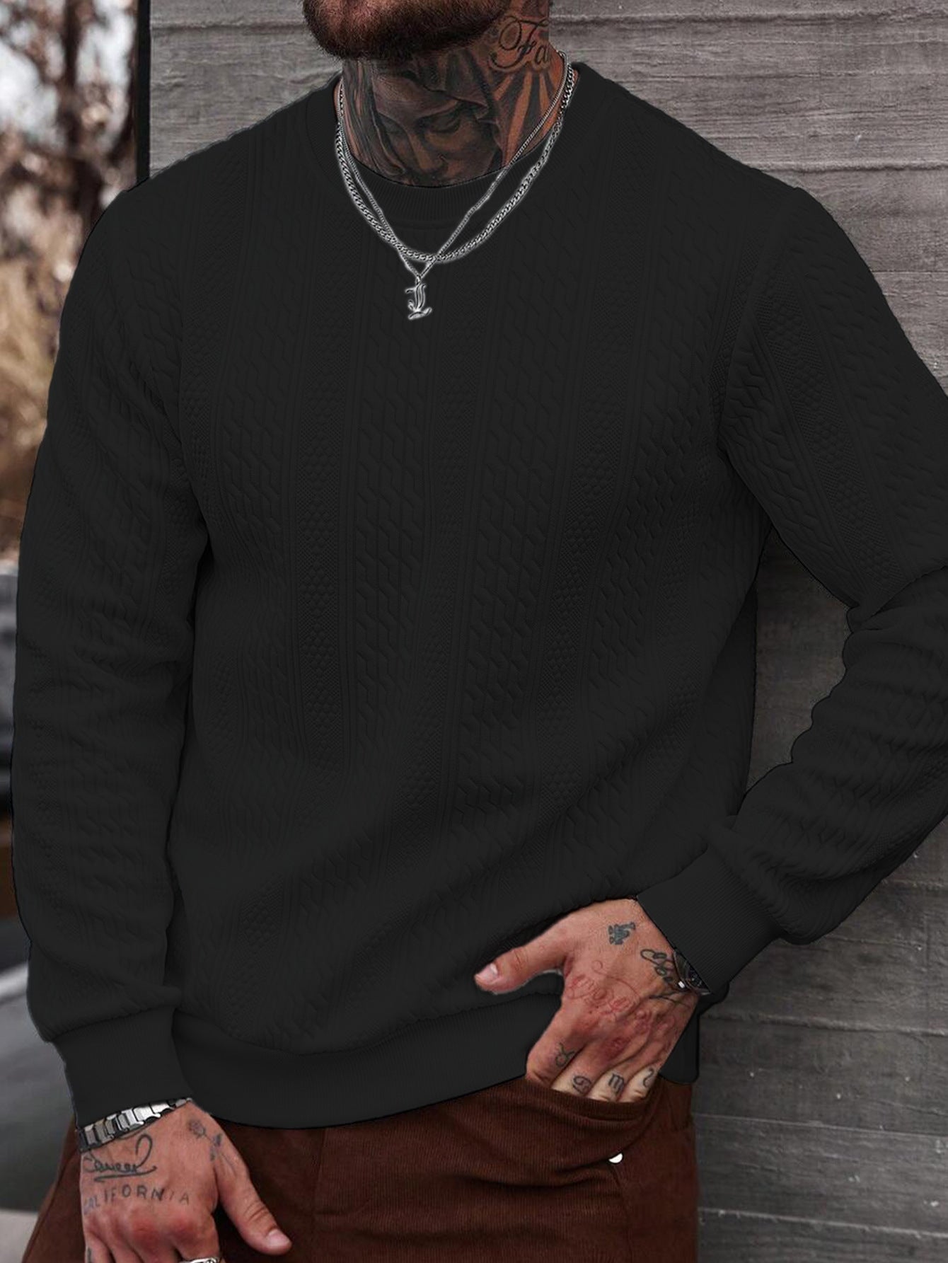 Sudadera con capucha y cuello redondo Jacquard para hombre – Parte superior ligera de corte holgado