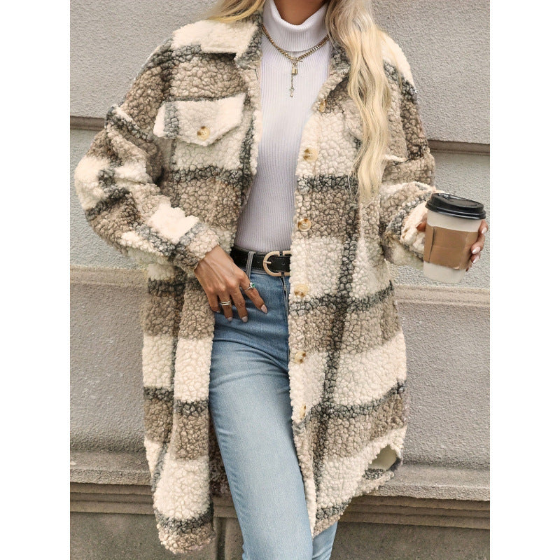 Chaqueta acolchada con solapa, bloques de color y estampado a cuadros para mujer – Estilo Mori