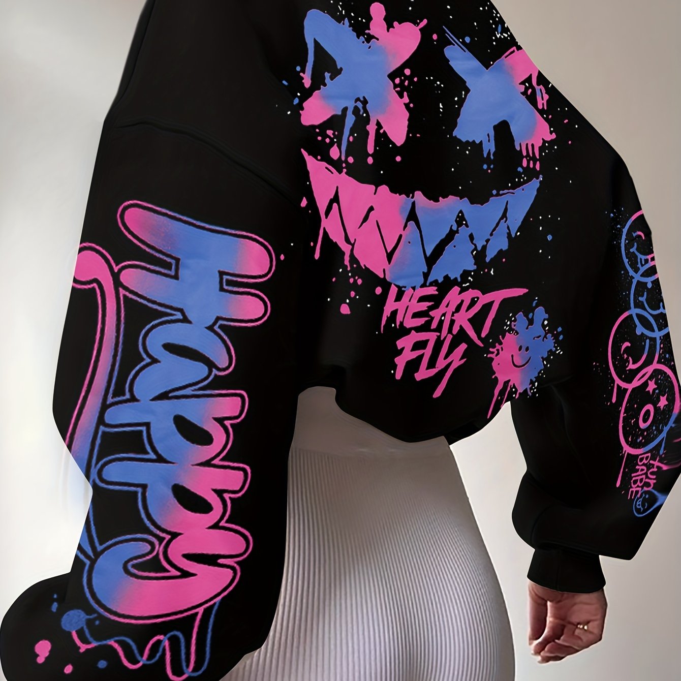 Sudadera con letras de grafiti para mujer – Jersey artístico negro para otoño/invierno