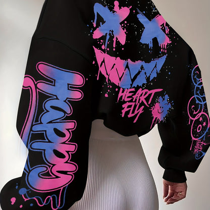Sudadera con letras de grafiti para mujer – Jersey artístico negro para otoño/invierno