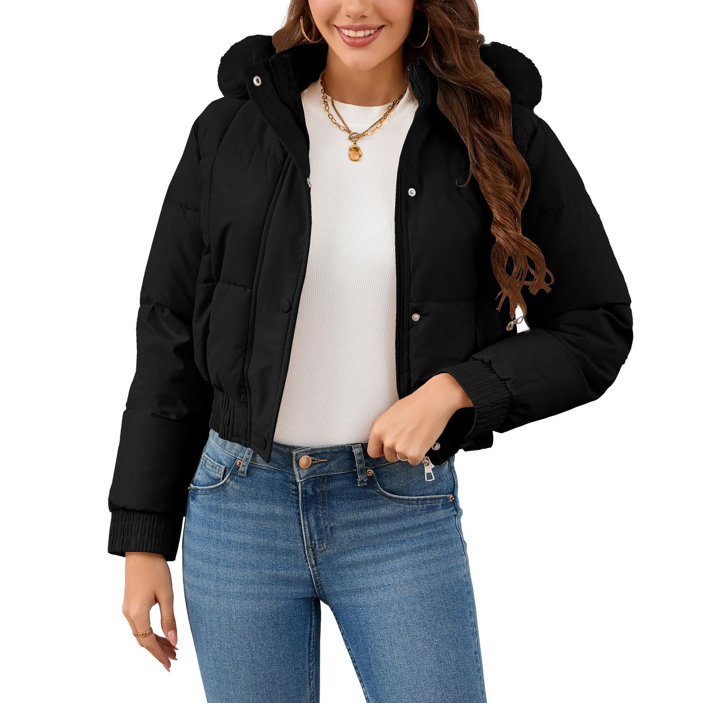 Loom & Soul™ Chaqueta de invierno acolchada de algodón para mujer – Elegante abrigo grueso y cálido en caqui, negro o blanco