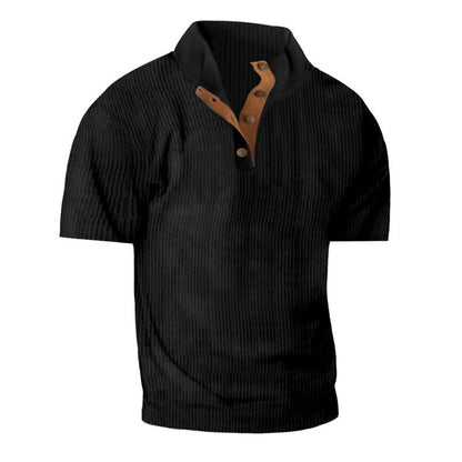 Men’s Corduroy Stand Collar Tee – Textured Casual Short Sleeve