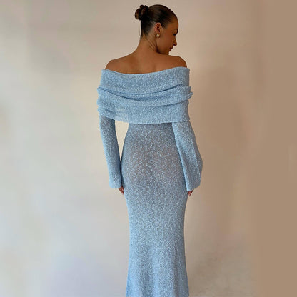 One-Shoulder Knit Maxi Dress – Elegant Long Sleeve Beach Dress