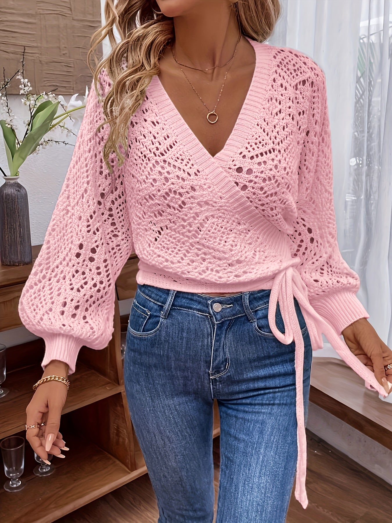 Elegante suéter de cuello en V con mangas farol – Suéter ligero para todas las estaciones