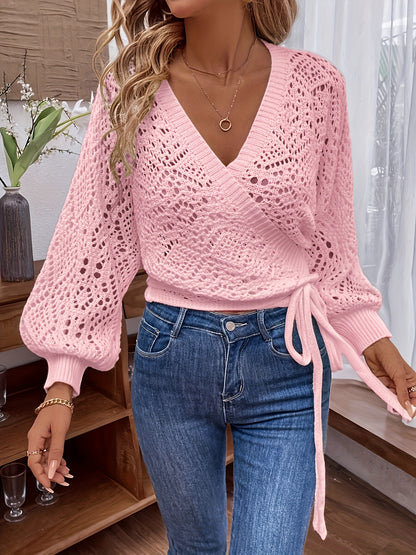 Elegante suéter de cuello en V con mangas farol – Suéter ligero para todas las estaciones