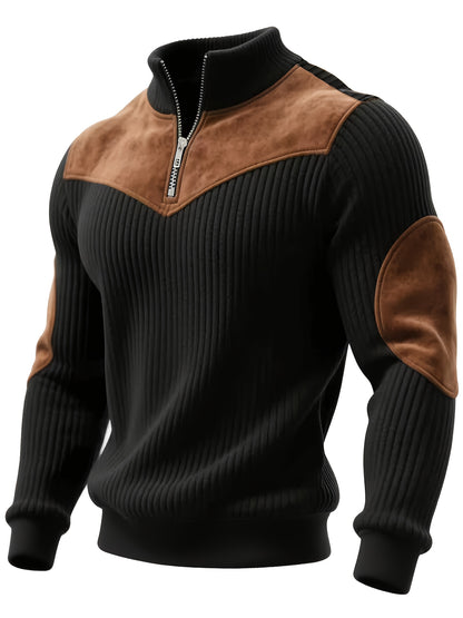 Jersey retro de cuello alto y media cremallera para hombre – Cálido y de canalé