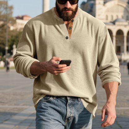 Camisa Henley de pana retro para hombre – Manga larga ajuste holgado