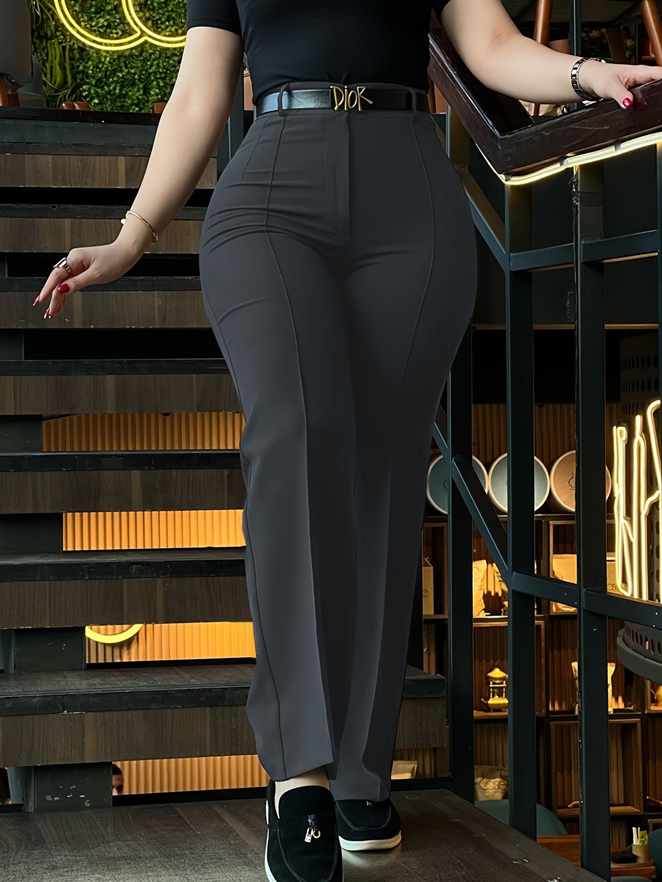 Pantalón de vestir de mujer de talle alto con pernera recta – Pantalón de trabajo negro elegante