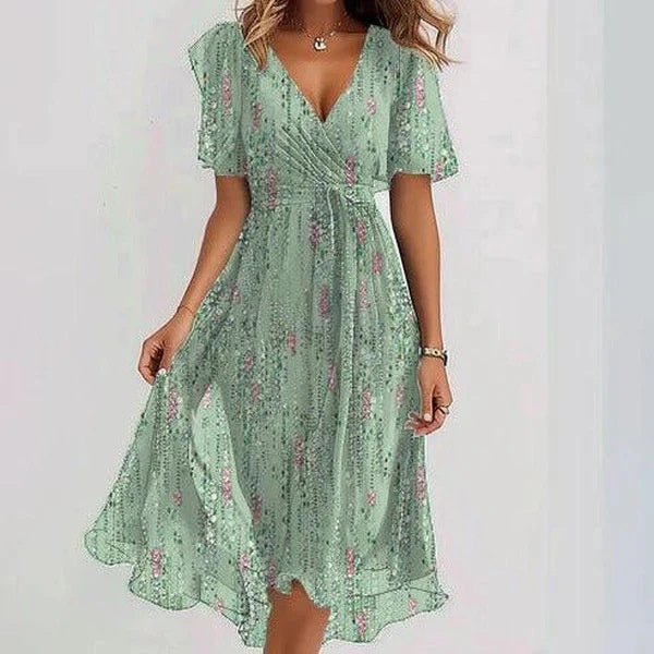 Loom & Soul™ Vestido floral de chifón – Vestido midi elegante de verano con cuello en V y manga corta para mujer